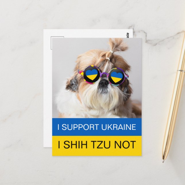 Carte Postale Je suis pour l'Ukraine Je Shih Tzu Pas le drapeau  (Devant/Arrière en situation)