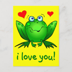 Carte Postale Je T'aime Joli Grenouille Cartoon Cœurs Jaune