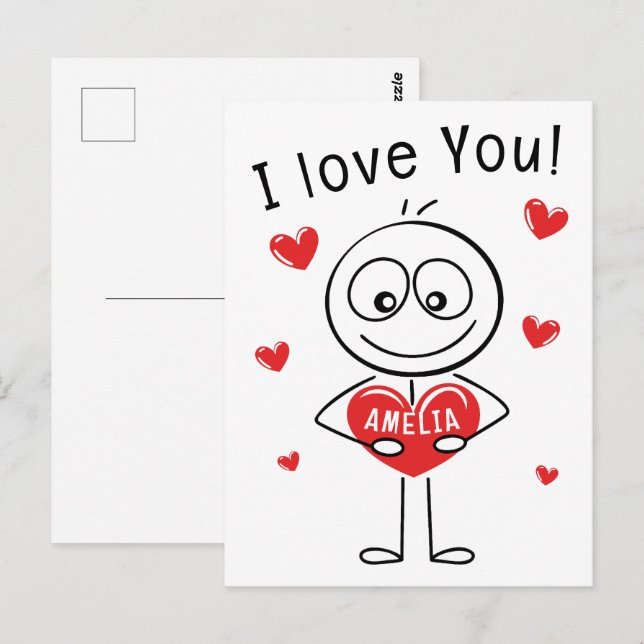 Carte Postale Je t'aime Stick Figure Cœurs Mignons Nom (Devant / Derrière)