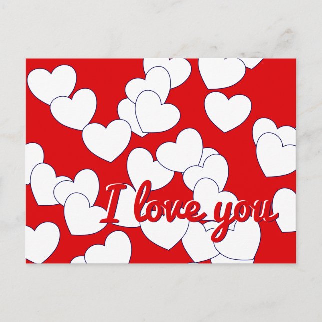 Carte Postale 'Je t'aime' Texte modifiable, Rouge, Coeurs blancs (Devant)