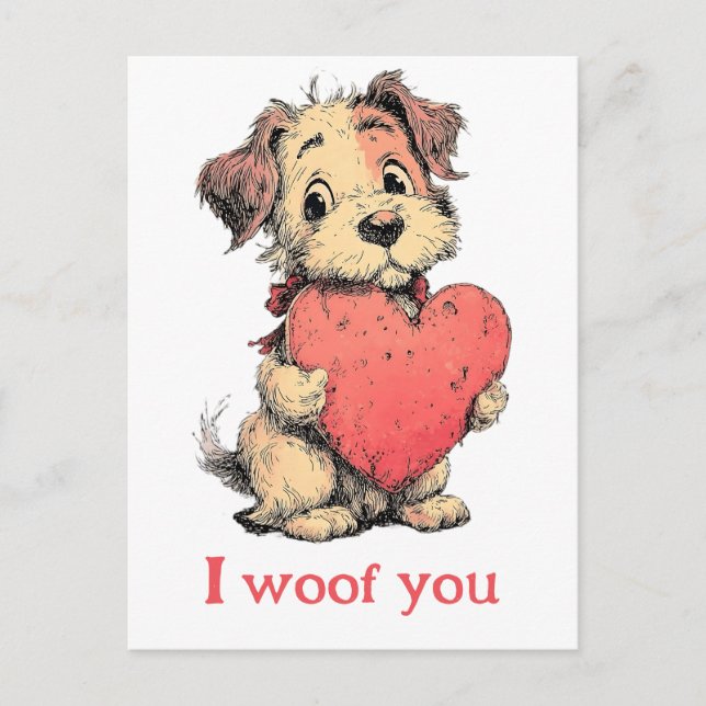 Carte Postale Je te woof Puppy Cœur Rétro Saint-Valentin (Devant)