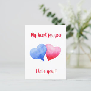 Carte Postale Je vous aime aquarelle rouge et bleu coeur