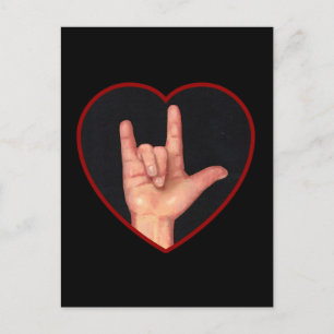 CARTE POSTALE JE VOUS AIME LANGUE DE SIGNE SUR NOIR