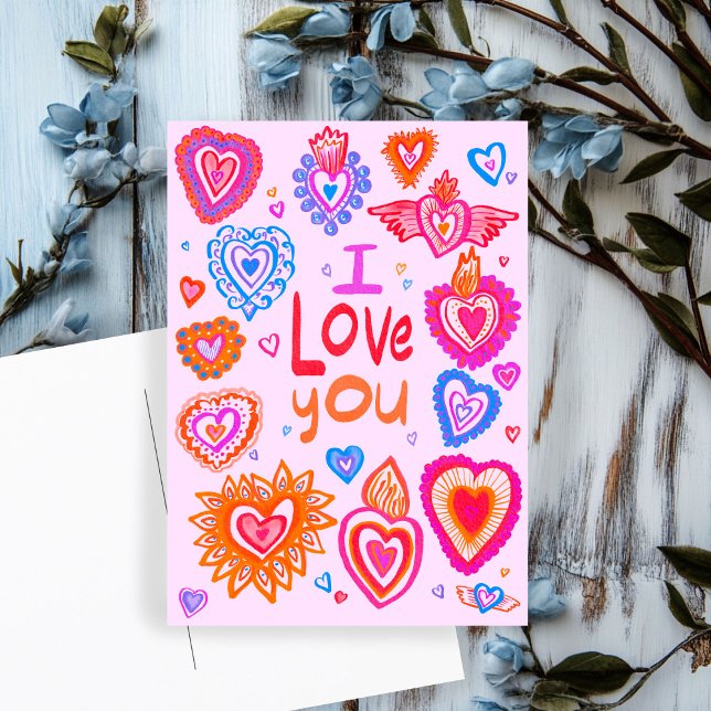 Carte Postale JE VOUS AIME Valentine Colorful Whimsical HEARTS (I LOVE YOU Valentine Colorful Whimsical HEARTS Postcard
)