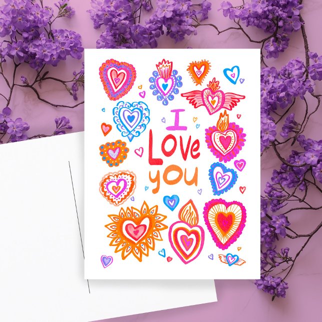 Carte Postale JE VOUS AIME Valentine Colorful Whimsical HEARTS (I LOVE YOU Valentine Colorful Whimsical HEARTS Postcard
)