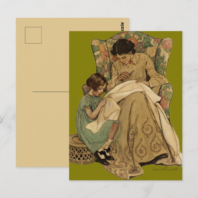 Carte Postale Jessie Wilcox Smith "La Leçon de Couture" (Devant / Derrière)