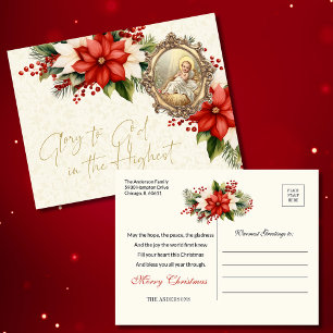 Carte Postale Jésus bébé de Noël Poinsettias Joyeux Noël