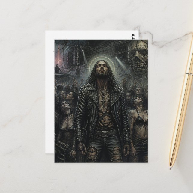 Carte Postale Jésus goth punk rock à la fête (Devant/Arrière en situation)