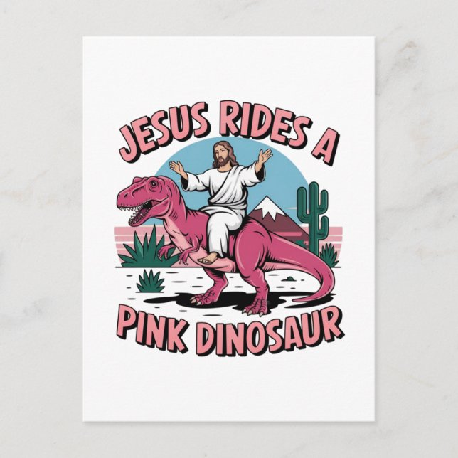Carte Postale Jésus Mèmes Drôle, Jésus Dirige Un Dinosaure Rose (Devant)