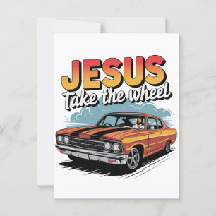 Carte Postale Jesus Prend le Volant Voiture Musclée Vintage