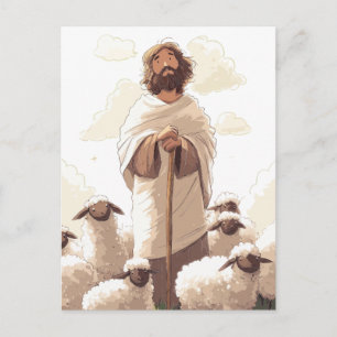 Carte Postale Jésus tenant un bâton de berger entouré d'agneaux