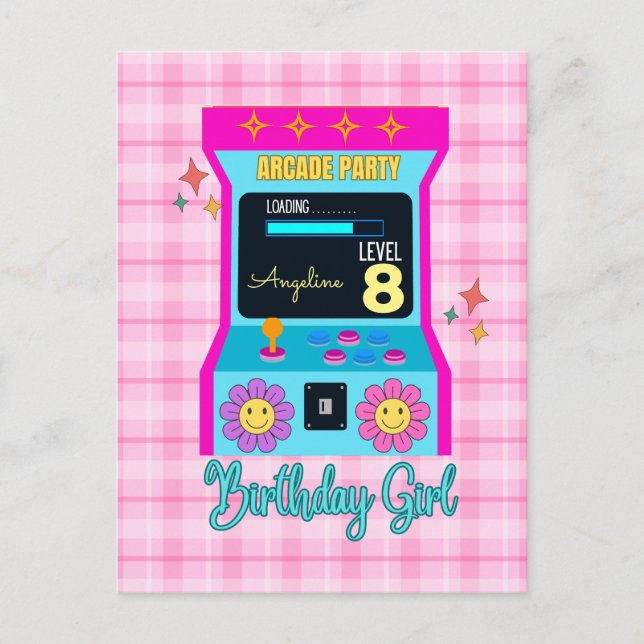 Carte Postale Jeu d'arcade Fête d'anniversaire rétro Bleu Rose (Devant)