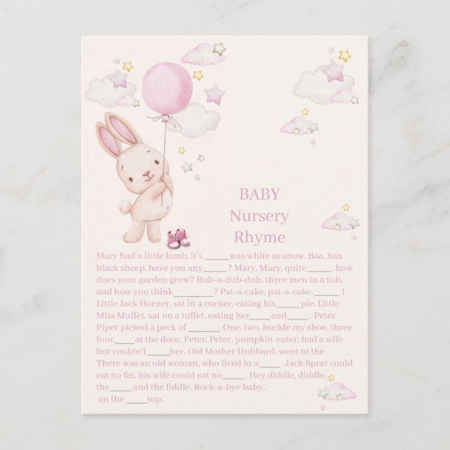 Carte Postale Jeu de Baby Shower Fille Lapin Bébé (Devant)
