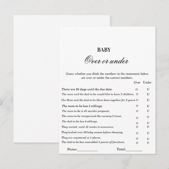 Carte Postale Jeu de baby shower moderne sur ou sous jeu (Devant / Derrière)