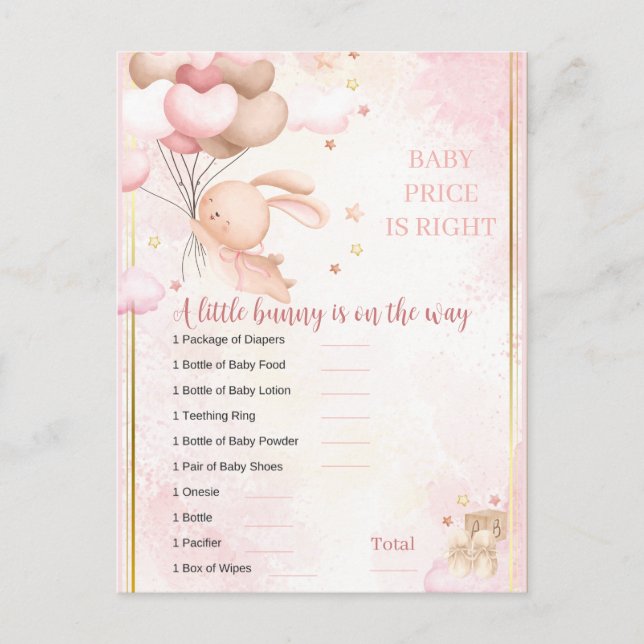 Carte Postale Jeu de Baby Shower pour Bébé Fille Lapin (Devant)
