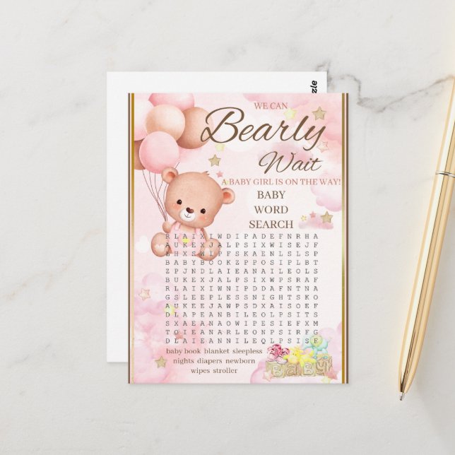 Carte Postale Jeu de Fille pour Baby Shower Ours (Devant/Arrière en situation)