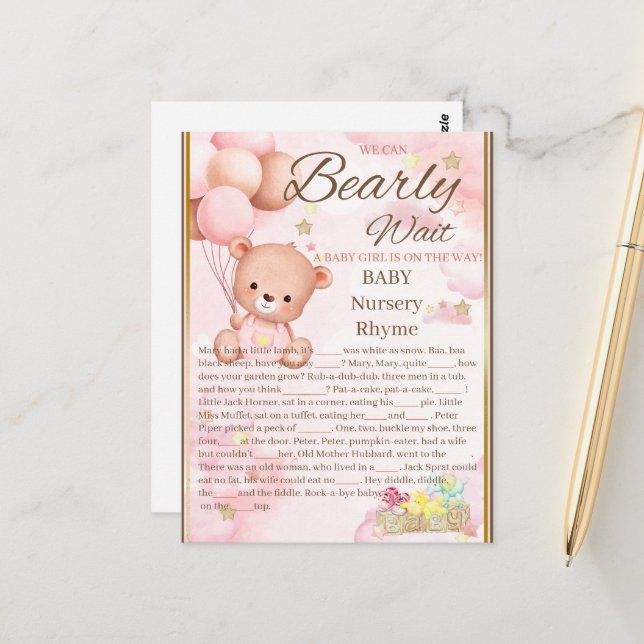 Carte Postale Jeu de Fille pour Baby Shower Ours (Devant/Arrière en situation)