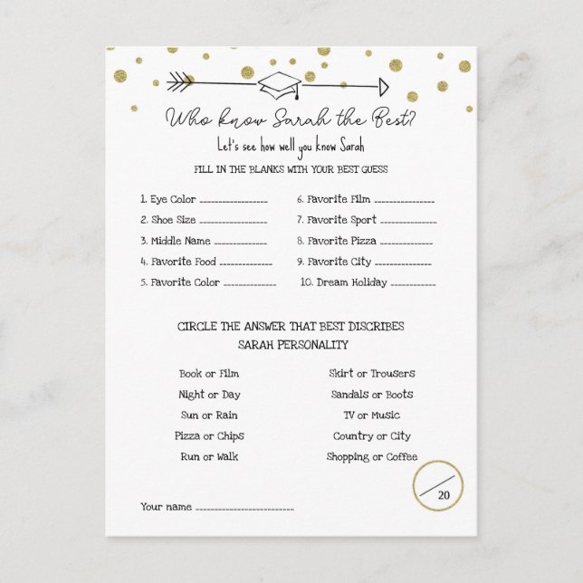 Carte Postale Jeu de la fête de graduation, Connaître le jeu de  (Devant)