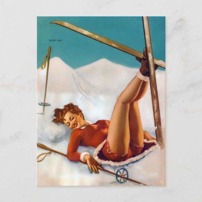 Carte Postale Jeu de neige - Vintage pin fille (Devant)