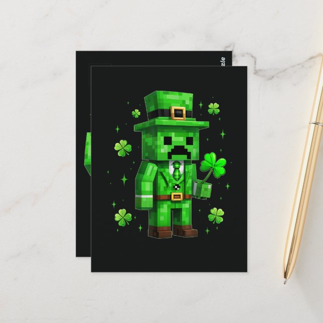 Carte Postale Jeu vidéo drôle de la Saint-Patrick sur le Leprech (Devant/Arrière en situation)