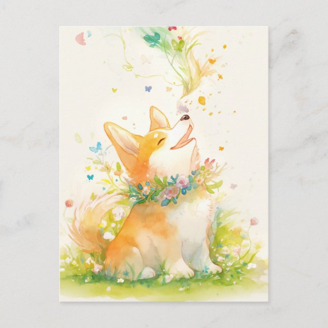 Carte Postale Jeune Corgi avec Collier de Fleurs et Papillons (Devant)