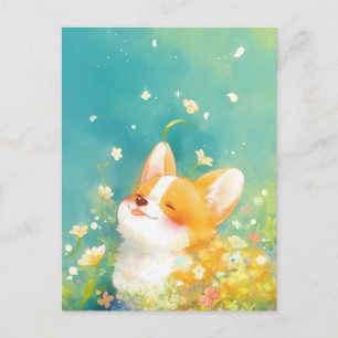Carte Postale Jeune corgi souriant dans une prairie ensoleillée