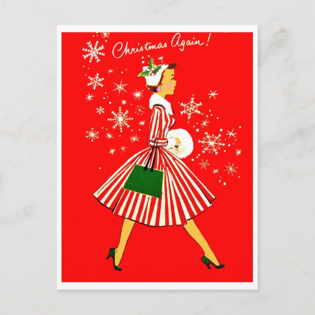 Carte Postale Jeune femme en Noël, vacances vintages (Devant)