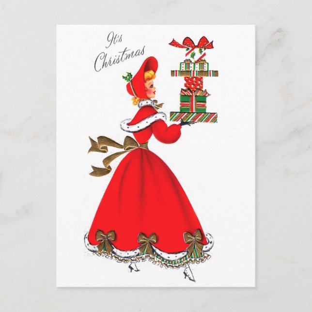 Carte Postale Jeune femme en robe rouge avec cadeaux de Noël (Devant)