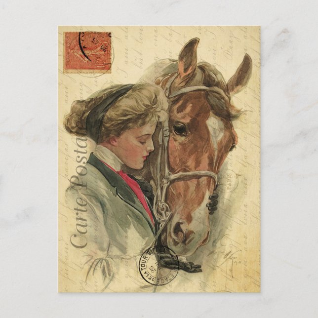 Carte Postale Jeune femme vintage et cheval Floral Français (Devant)