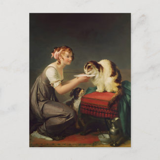 Carte Postale Jeune fille donnant du lait à son art de chat