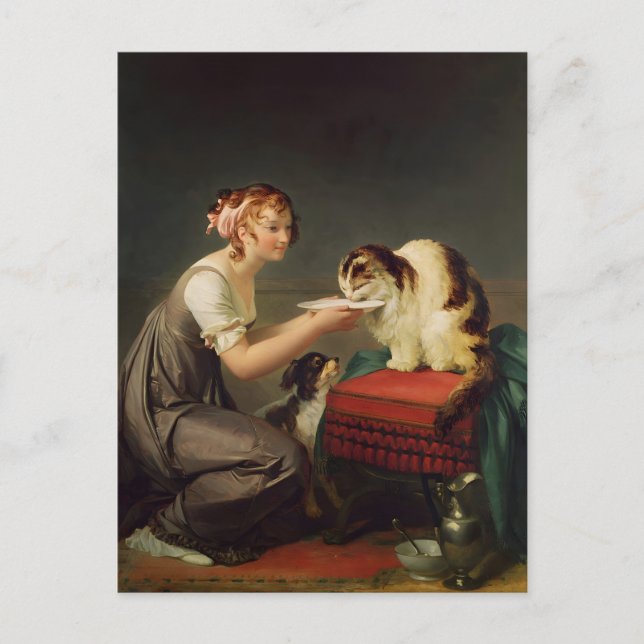 Carte Postale Jeune fille donnant du lait à son art de chat (Devant)