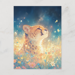 Carte Postale Jeune Guépard dans une Prairie Fleurie Magique sou