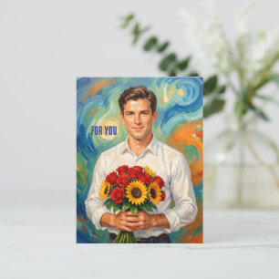 Carte Postale Jeune Homme avec Bouquet Style Rétro Personnalisé