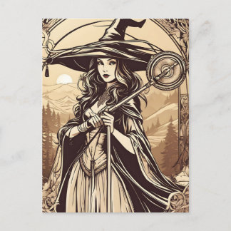 Carte Postale Jeune sorcière en sépia, Halloween vintage