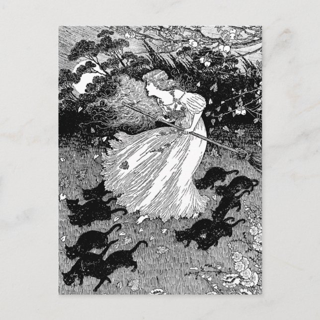 Carte Postale Jeune sorcière et chats noirs (Devant)