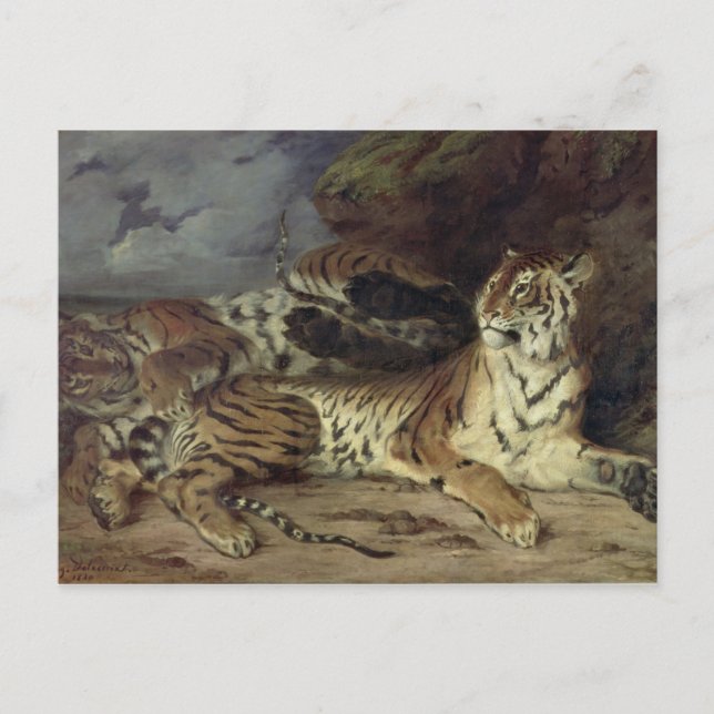 Carte Postale Jeune tigre jouant avec sa mère, 1830 (huile sur (Devant)