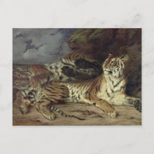 Carte Postale Jeune tigre jouant avec sa mère, 1830 (huile sur