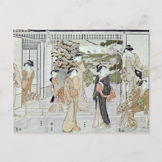 Carte Postale Jeunes femmes avec une corbeille de chrysanthèmes (Devant)