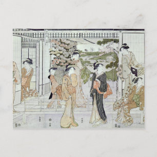 Carte Postale Jeunes femmes avec une corbeille de chrysanthèmes