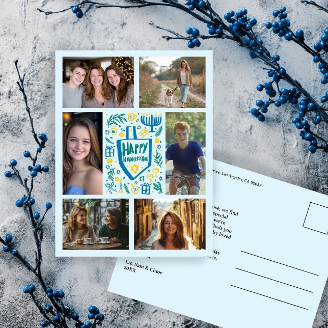 Carte Postale JEUX HANOUKKA Doodle CUSTOM 6 PHOTO Holiday (HAPPY HANUKKAH Doodle CUSTOM 6 PHOTO Collage Cute jewish Holiday Postcard
)