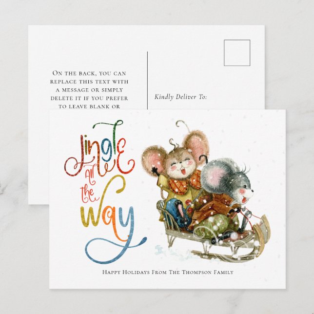 Carte Postale Jingle De Cute Mice Sleighing Tout Le Chemin Parti (Devant / Derrière)