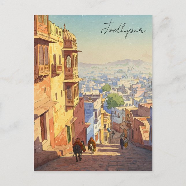 Carte Postale Jodhpur India Blue maisons Watercolor (Devant)