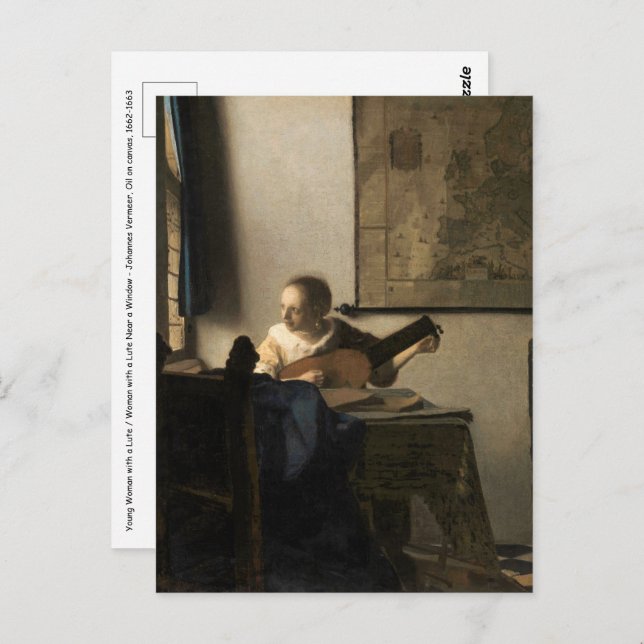 Carte Postale Johannes Vermeer - Jeune femme avec un trait (Devant / Derrière)