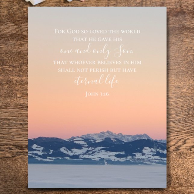Carte Postale John 3:16 Texte personnalisé | Photo originale des (John 3:16 inspirational Christian Bible verse on my original photograph of sunset Swiss Alps. Custom)