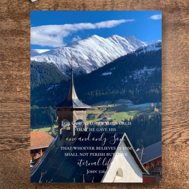 Carte Postale John 3:16 Texte personnalisé | Photo originale des (Beautifully illustrated Bible scripture John 3:16 on my original Switzerland church Alps photograph )