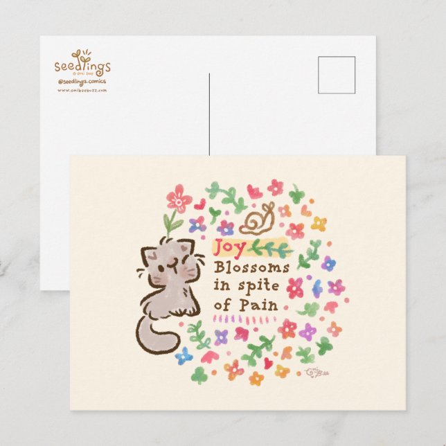 Carte Postale Joie fleurit malgré la douleur - Pebble le chaton (Devant / Derrière)