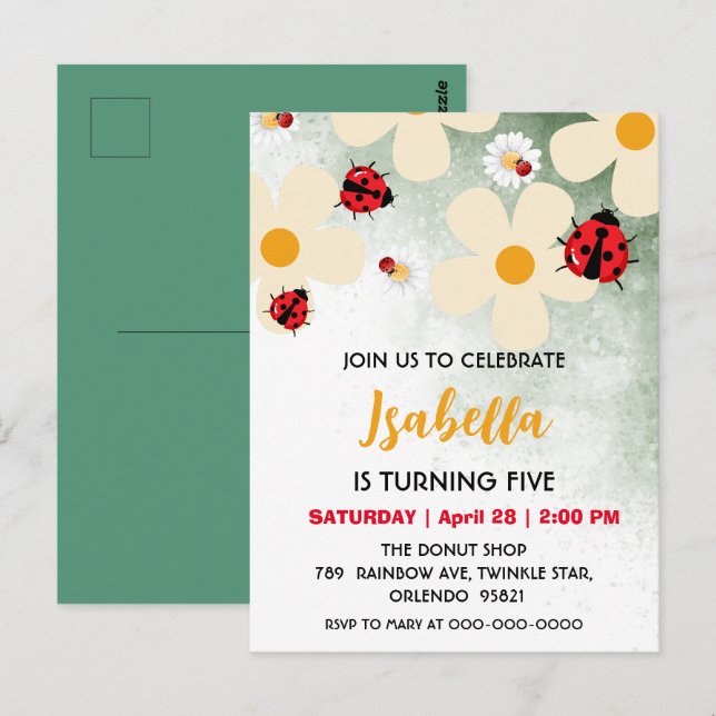 Carte Postale Joli anniversaire coccinelle fleur de marguerite à (Devant / Derrière)
