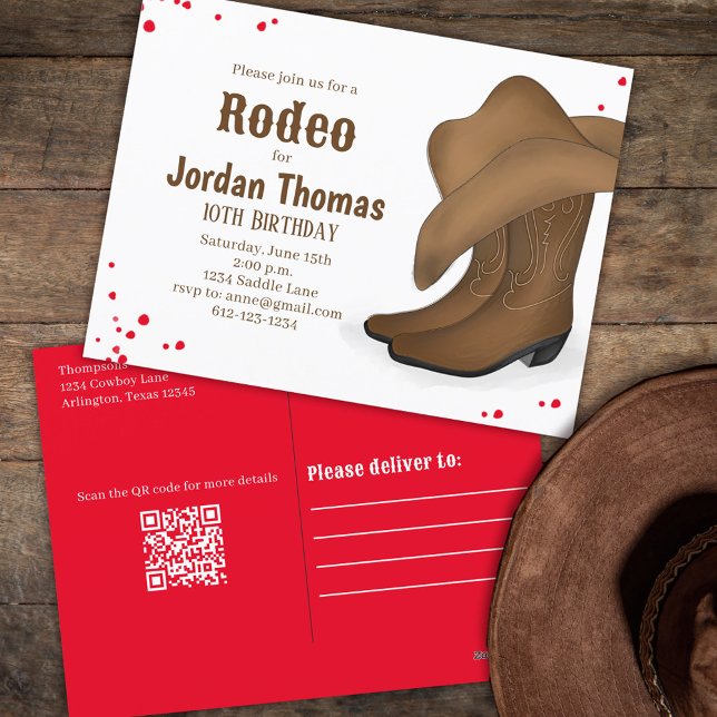 Carte Postale Joli Anniversaire Cowboy Rodeo Rouge Bandana QR Co (Créateur téléchargé)