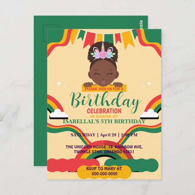 Carte Postale Joli anniversaire de licorne afro pour filles afro (Devant / Derrière)