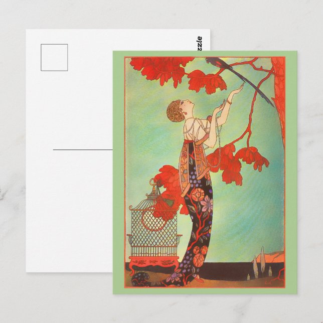 Carte Postale Joli Art Nouveau français Cage à oiseaux perroquet (Devant / Derrière)